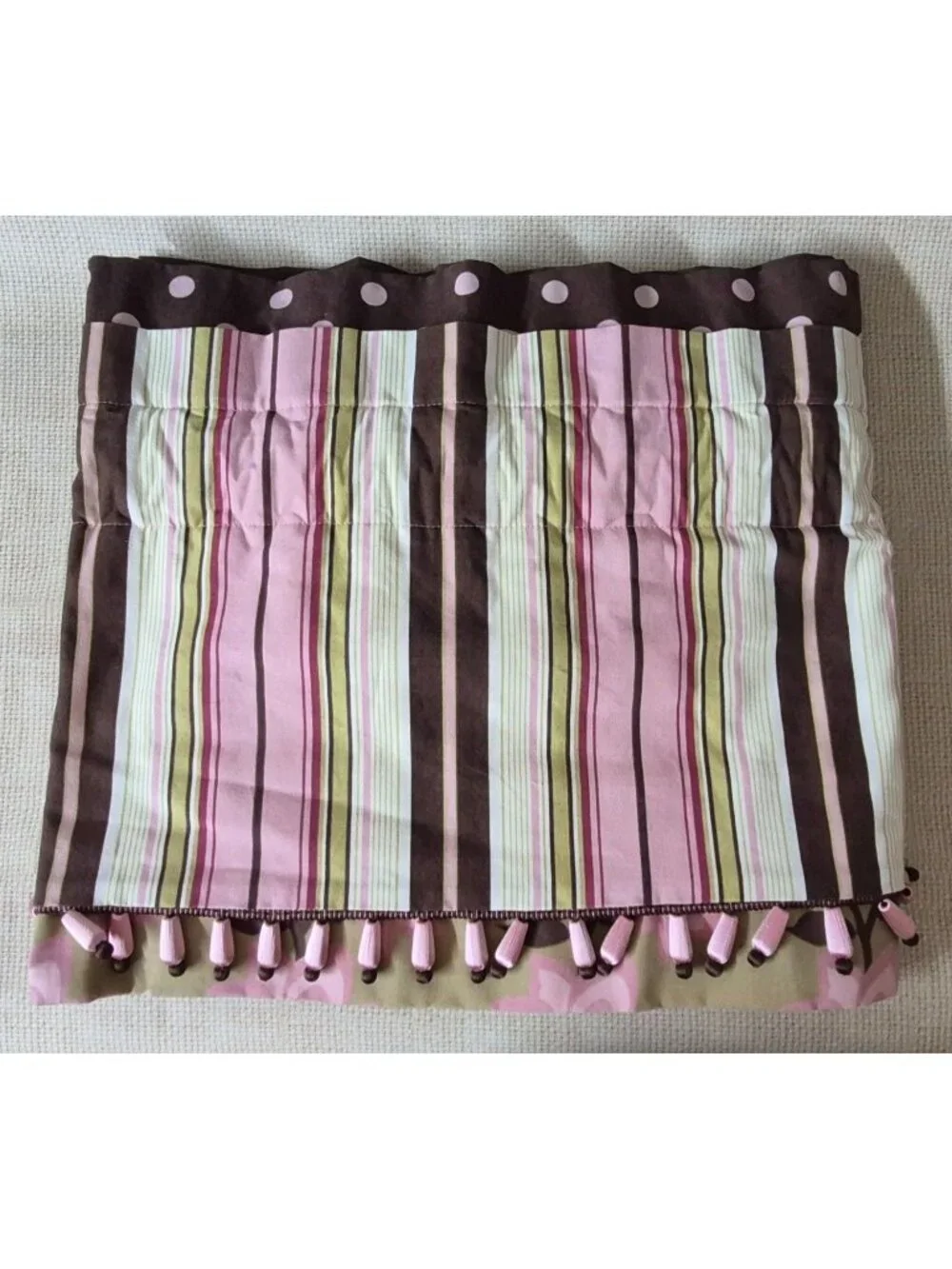 Girls Brown & Pink Striped Polka Dot Curtain Valance Tassels 13' Long Window